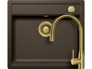 Schock Mono N-100 konyhai mosogatótálca 570 x 510 mm Cristadur Bronze, bronzbarna és Schock Kavus konyhai csaptelep kihúzható fejjel és szűrőkosár, távműködtető gomb, túlfolyó takaró White Gold