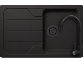 Schock Formhaus D-100S konyhai mosogatótálca 780 x 500 mm Cristalite Nero, fekete szűrőkosár és túlfolyó takaró és Schock Prima konyhai csaptelep fekete