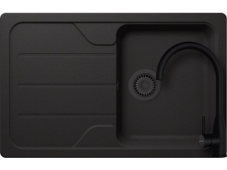 Schock Formhaus D-100S konyhai mosogatótálca 780 x 500 mm Cristalite Nero, fekete szűrőkosár és túlfolyó takaró és Schock Kavus konyhai csaptelep Cristadur Puro, intenzív fekete