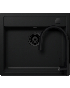 Schock Mono N-100 konyhai mosogatótálca 570 x 510 mm Cristadur Puro, intenzív fekete és Schock Kavus konyhai csaptelep kihúzható fejjel és szűrőkosár, távműködtető gomb, túlfolyó takaró Puro